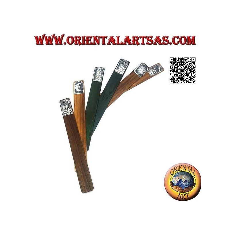 Set di 6 segnalibri stretti in legno di teak con piastra di alpacca o argentone decorata (2) 