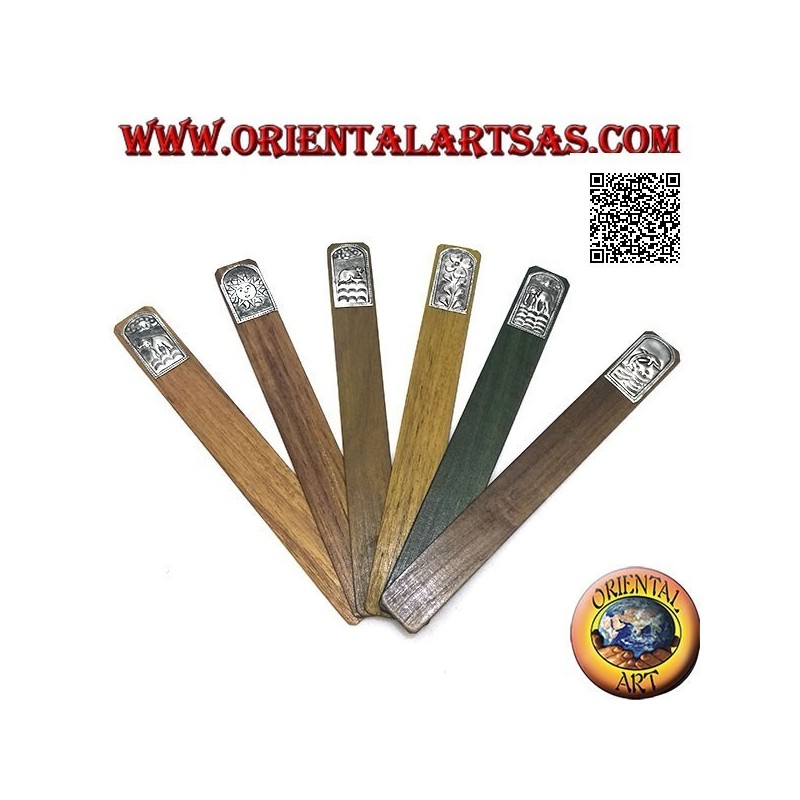 Set of 6 narrow bookmarks in teak wood with decorated nickel silver or silver plate (1)