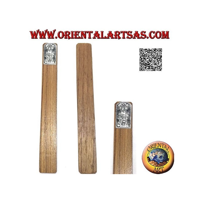 Segnalibro in legno di teak con piastra di alpacca o argentone decorata con girasoli (stretto)