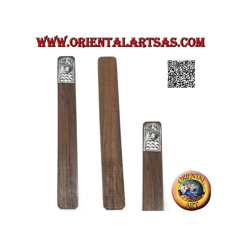 Segnalibro in legno di teak con piastra di alpacca o argentone decorata con gatto (stretto)