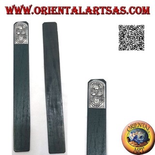 Segnalibro in legno di teak con piastra di alpacca o argentone decorata con doppio fiore speculare (stretto)