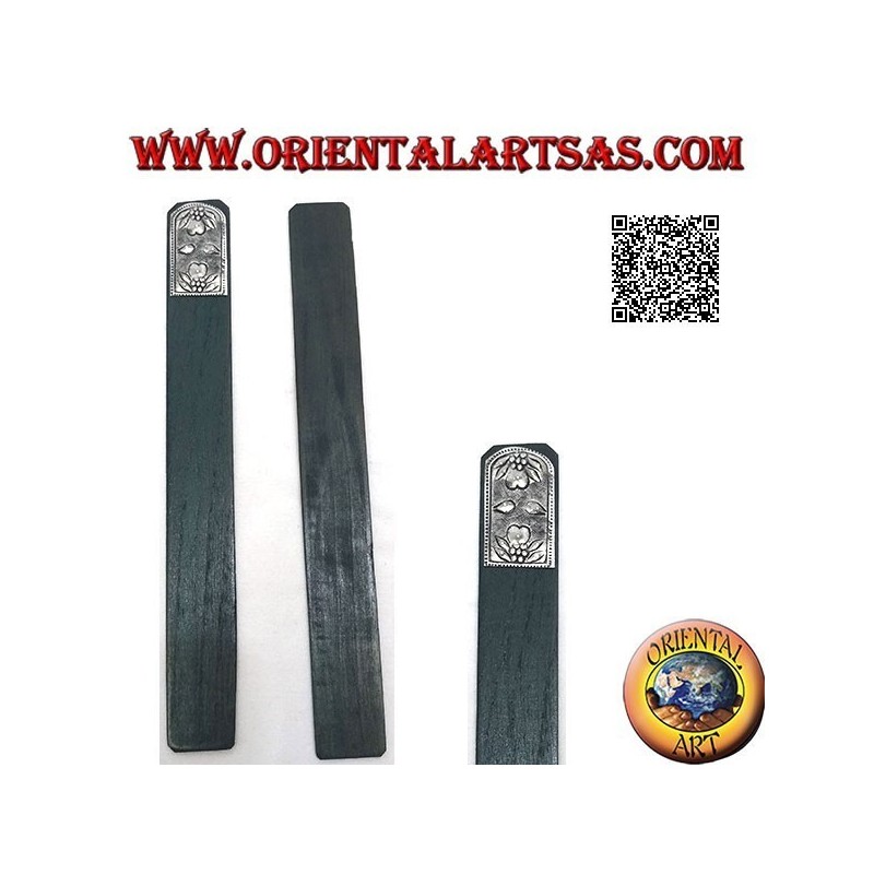 Segnalibro in legno di teak con piastra di alpacca o argentone decorata con doppio fiore speculare (stretto)