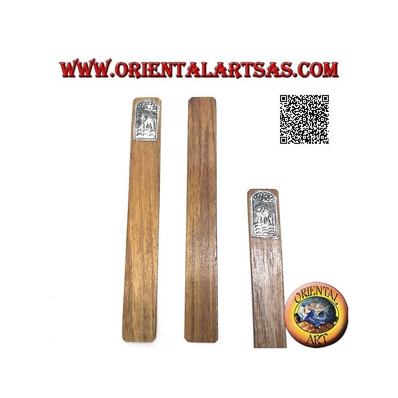 Teak wood bookmark with nickel silver or nickel silver plate decorated with elephant with trunk up (narrow)