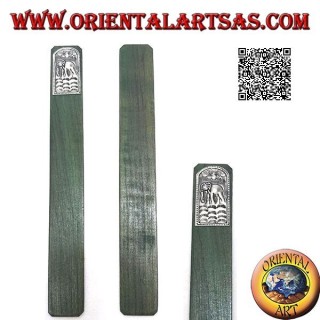 Marcador de madera de teca con placa de alpaca o alpaca decorado con elefante con trompa hacia abajo (estrecho)