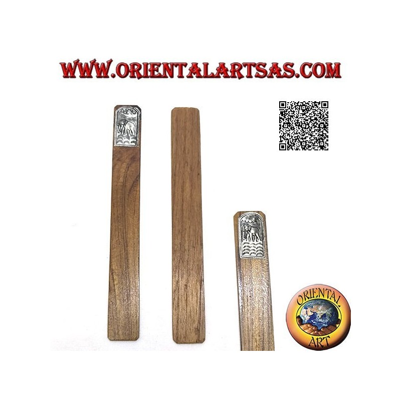 Marque-page en bois de teck avec plaque en maillechort ou en maillechort décoré d'un éléphant avec trompe en bas (étroit)
