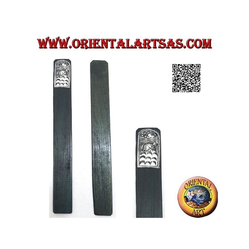 Teak wood bookmark with nickel silver or silver plate decorated with rabbit (narrow)