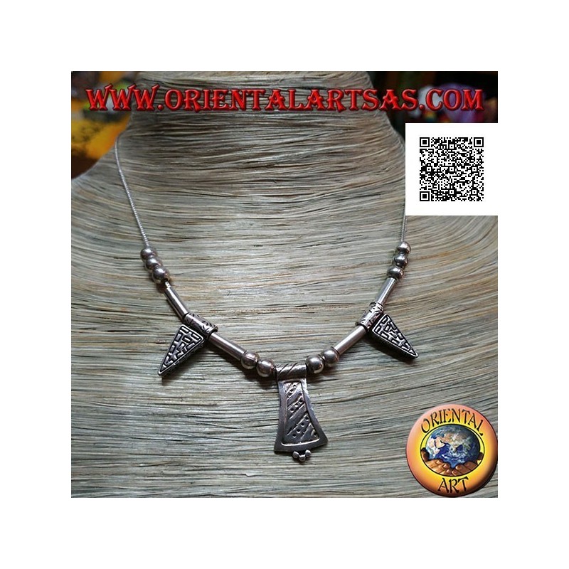 Collier en argent 925 ‰ avec sphères gravées enfilées de 40 cm, tubes et assiettes