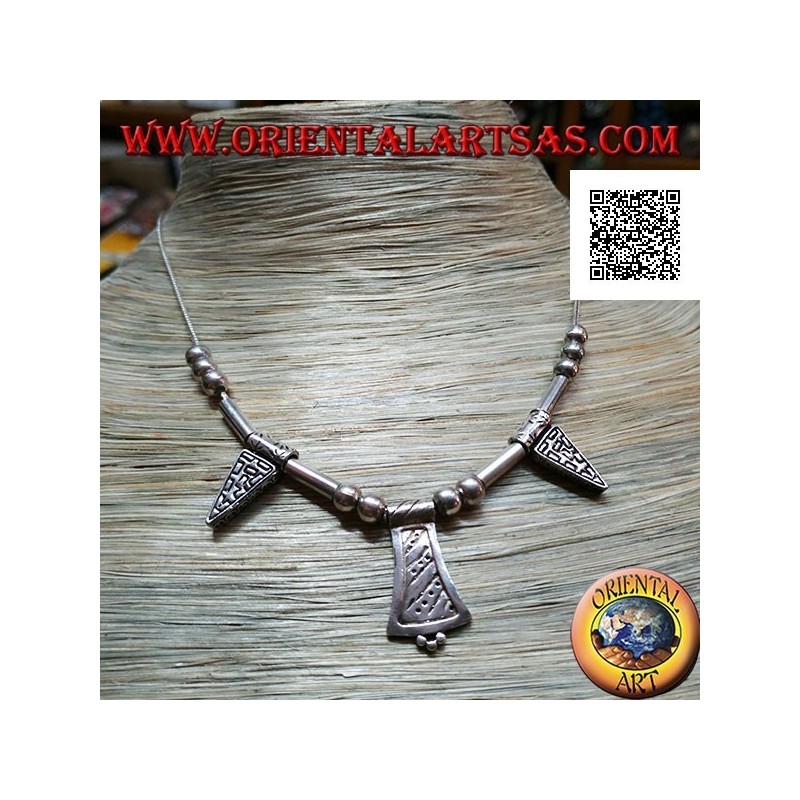 Collana in argento 925 ‰ con sfere, tubetti e piastre incise infilate da 40 cm