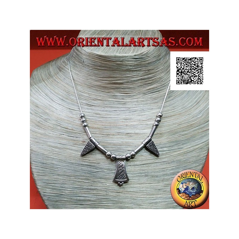 Collana in argento 925 ‰ con sfere, tubetti e piastre incise infilate da 40 cm