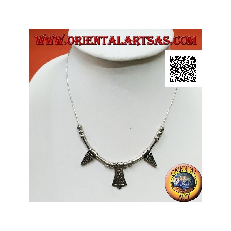 925 ‰ silver necklace with 40 cm strung engraved spheres, tubes and plates