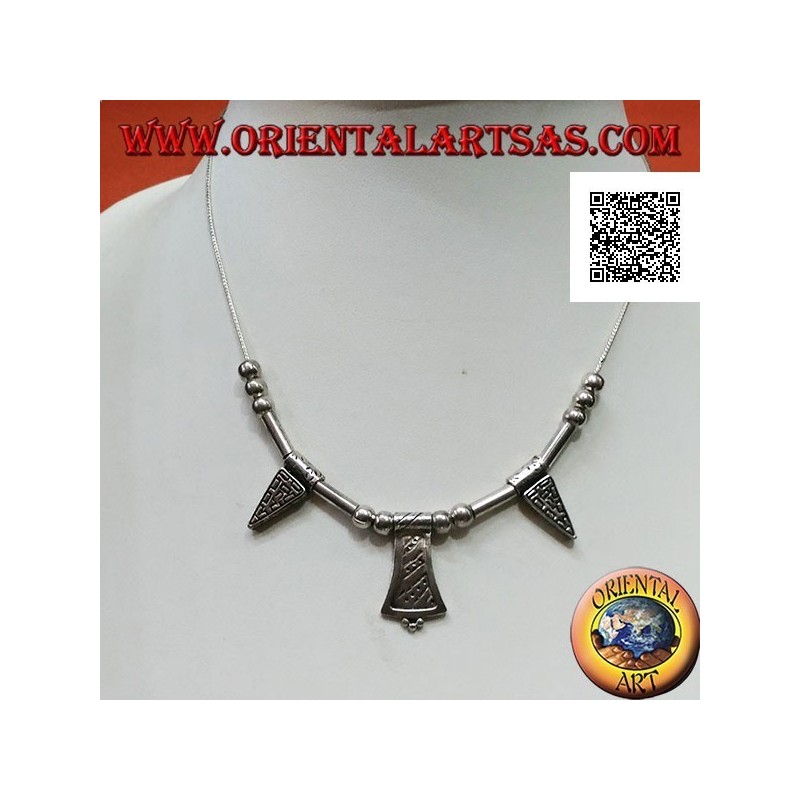 Collana in argento 925 ‰ con sfere, tubetti e piastre incise infilate da 40 cm