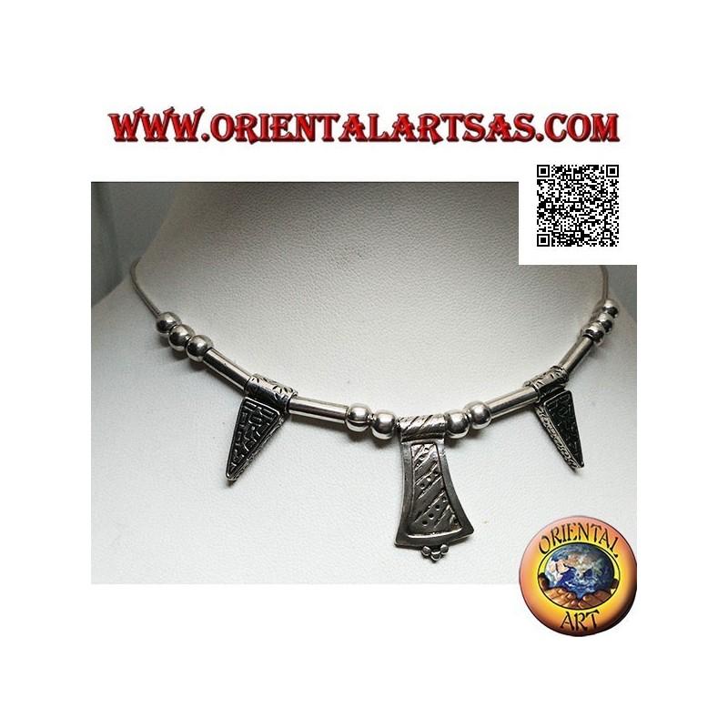 Collar de plata 925 ‰ con esferas, tubos y placas grabadas ensartadas de 40 cm