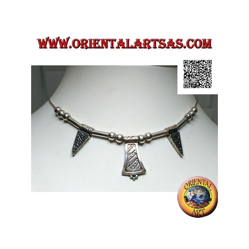 Collar de plata 925 ‰ con esferas, tubos y placas grabadas ensartadas de 40 cm