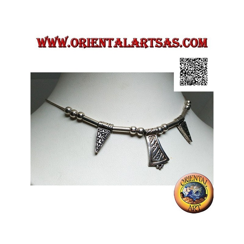Collana in argento 925 ‰ con sfere, tubetti e piastre incise infilate da 40 cm