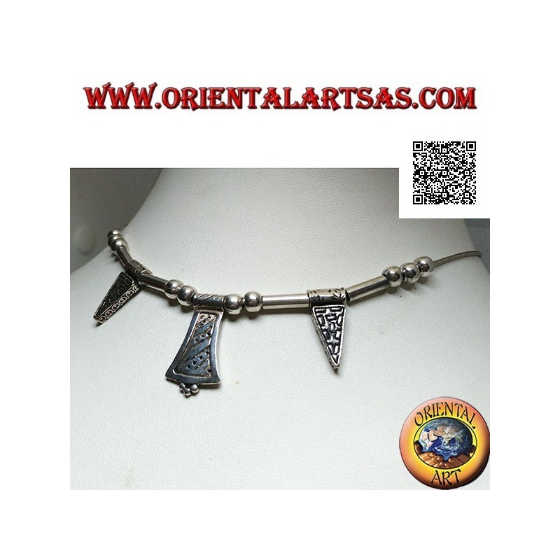 925 ‰ silver necklace with 40 cm strung engraved spheres, tubes and plates
