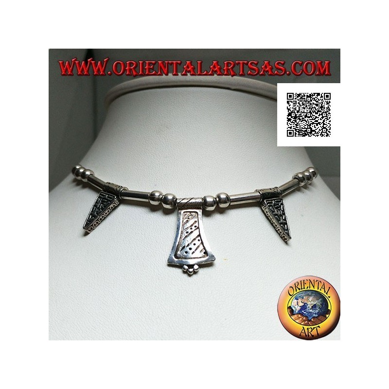 925 ‰ silver necklace with 40 cm strung engraved spheres, tubes and plates