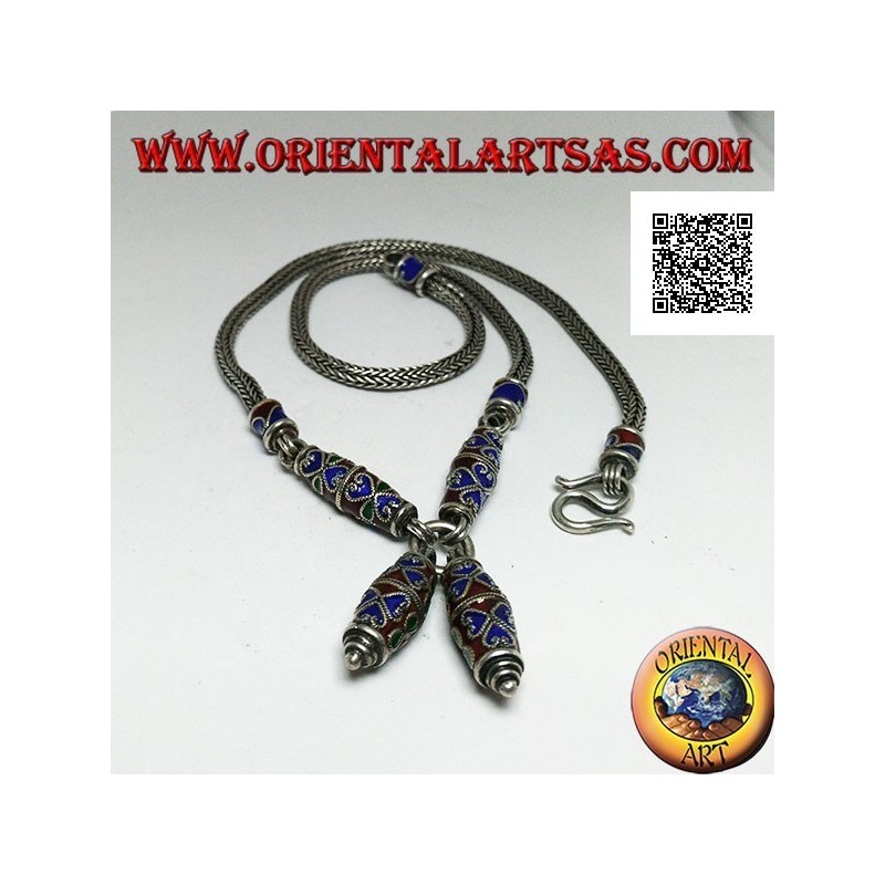925 ‰ silver necklace with cloisonné flame enamelled inserts