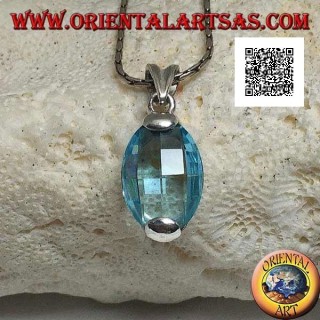 Silver pendant with oval faceted blue topaz set above and below