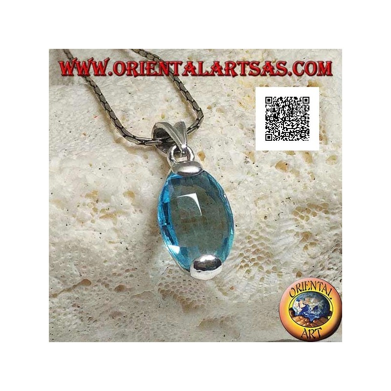 Silver pendant with oval faceted blue topaz set above and below