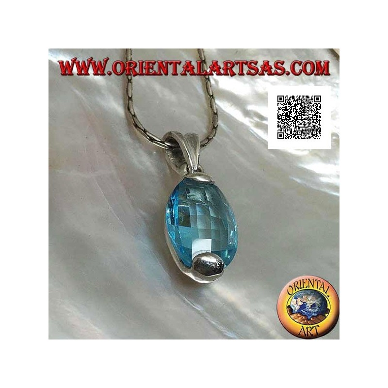 Pendentif en argent avec topaze bleue facettée ovale sertie dessus et dessous