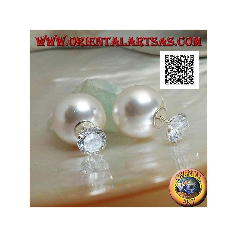 Pendientes lóbulos de plata con perla blanca y circonita redonda engastada (estilo Dior)