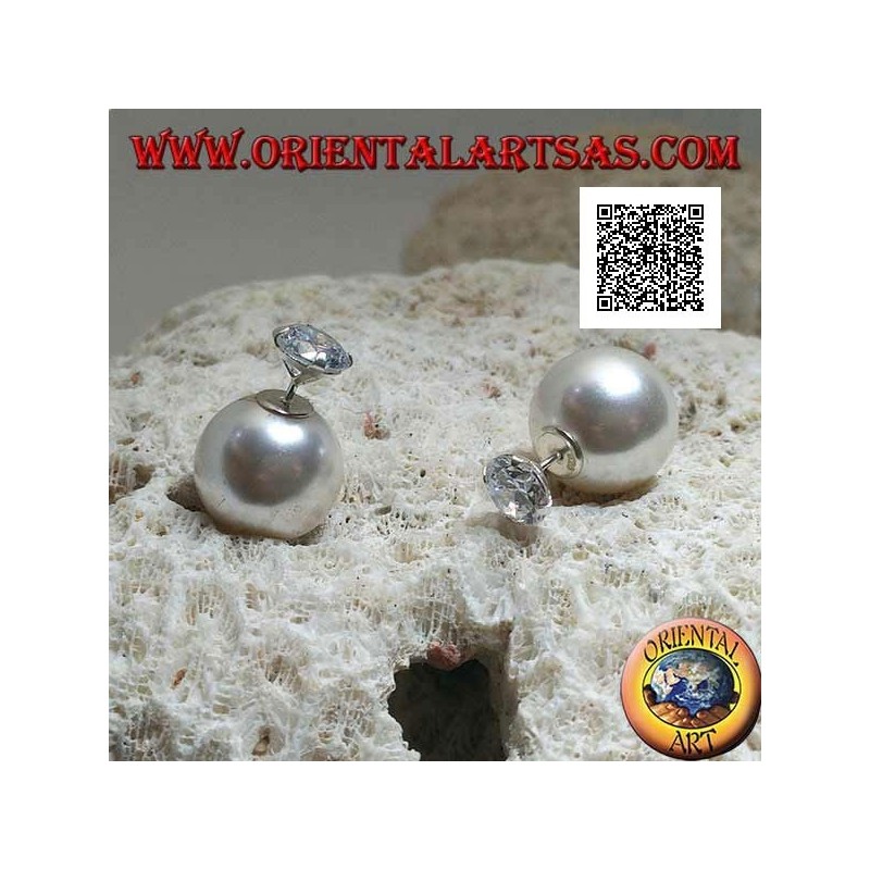 Silver lobe earrings with white pearl and set round zircon (Dior style)