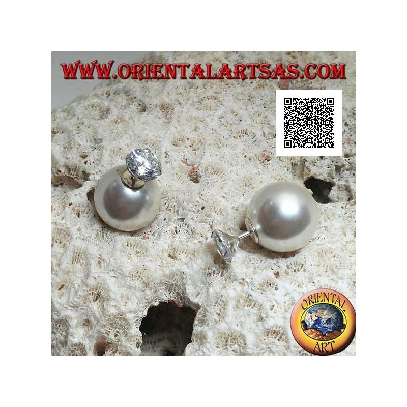 Boucles d'oreilles lobe en argent avec perle blanche et serti zircon rond (style Dior)