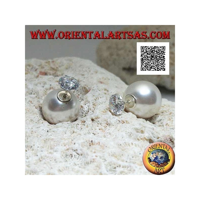 Pendientes lóbulos de plata con perla blanca y circonita redonda engastada (estilo Dior)