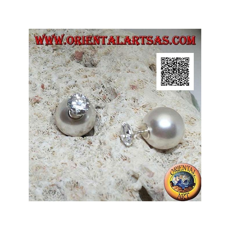 Pendientes lóbulos de plata con perla blanca y circonita redonda engastada (estilo Dior)