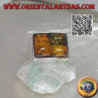 Anello in argento rettangolare con tre ambre rettangolari a puzzle