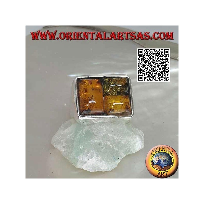 Anello in argento rettangolare con tre ambre rettangolari a puzzle