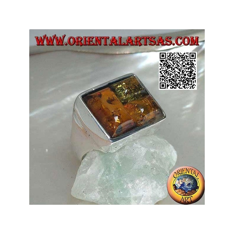 Anillo de plata rectangular con tres ámbar rompecabezas rectangulares