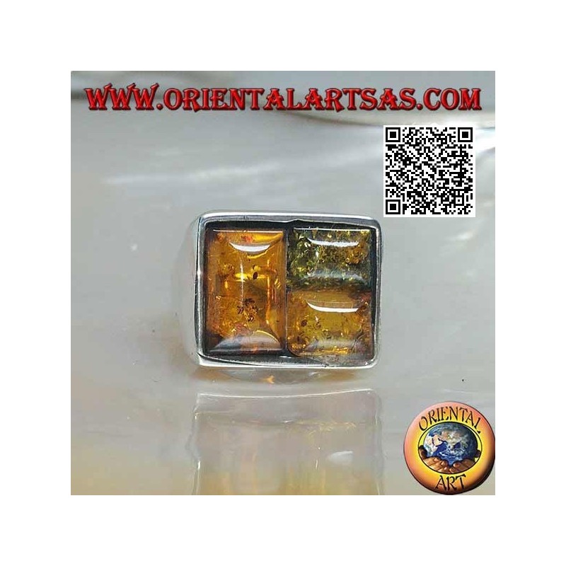 Anillo de plata rectangular con tres ámbar rompecabezas rectangulares