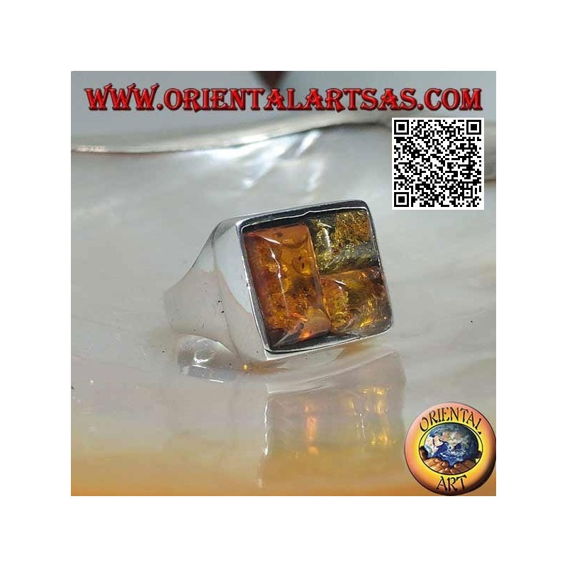 Rectangular silver ring with three rectangular puzzle ambers