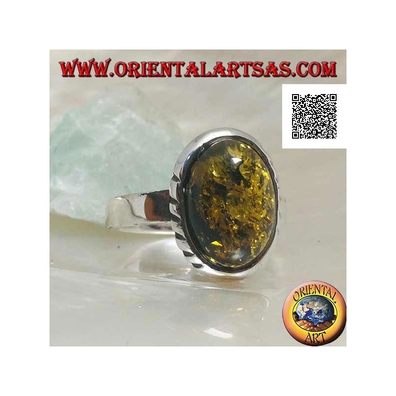 Silver ring with oval green cabochon amber and oblique engravings on the sides (19)