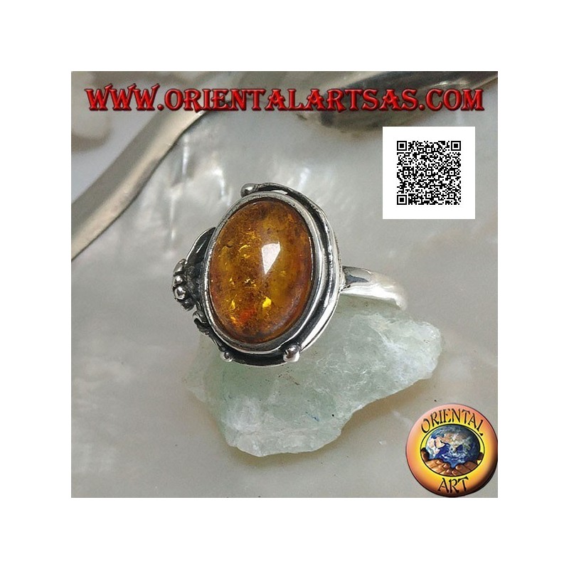 Silberring mit ovalem Cabochon-Bernstein mit zwei Kugeln und einem Blatt am Rand (dünn)