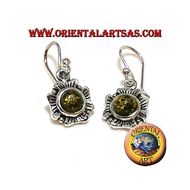 orecchini in argento fiore con ambra verde
