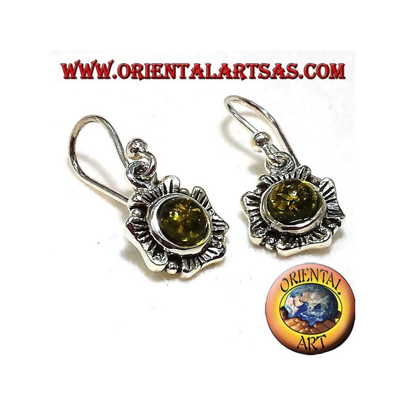 Boucles d'oreilles fleurs en argent avec ambre vert