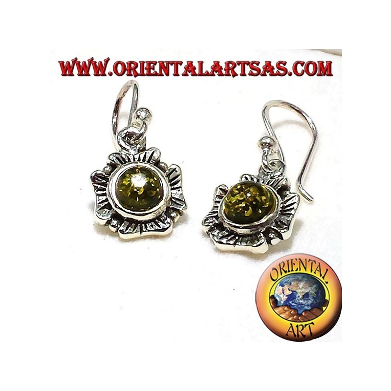 Silber Blume Ohrringe mit grünem Bernstein