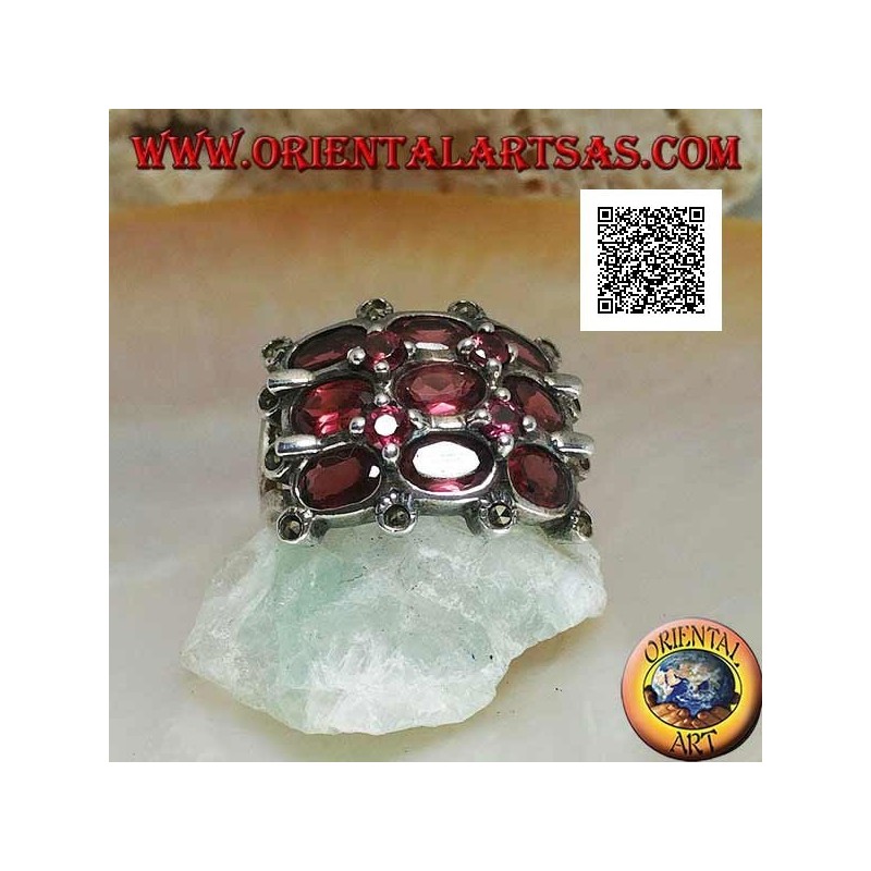 Silver grid ring with oval and round natural garnets and marcasite on the external intersections