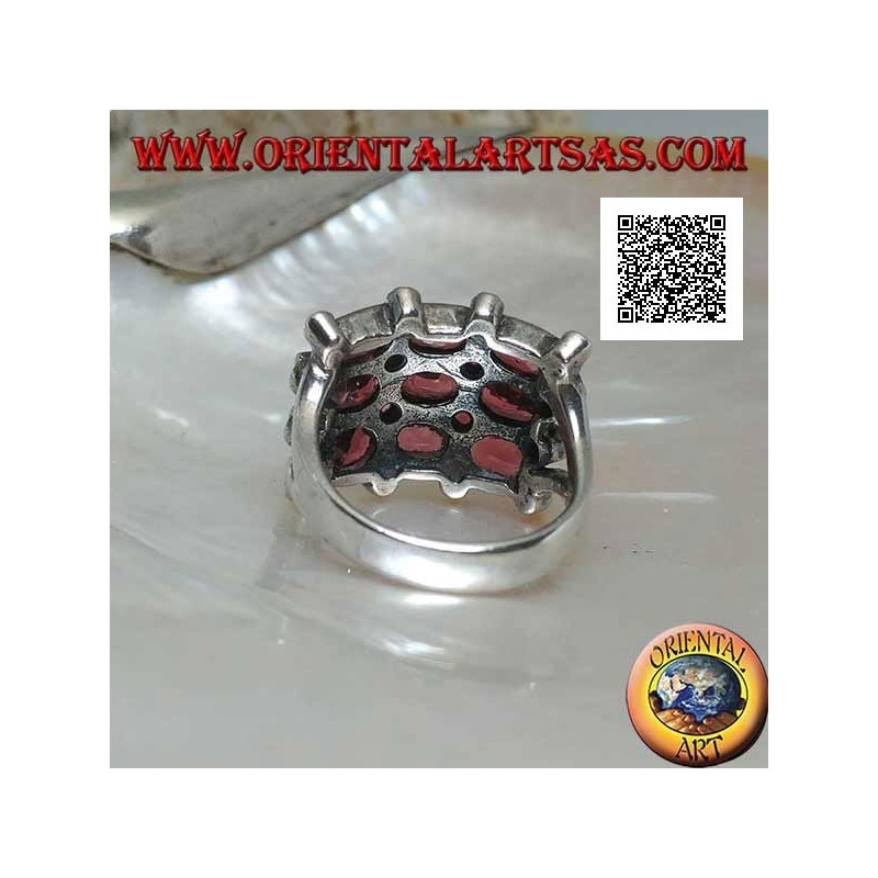 Silver grid ring with oval and round natural garnets and marcasite on the external intersections