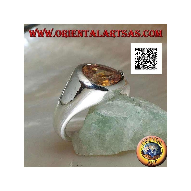 Bague en argent rhodié avec croix zircone champagne sur monture lisse