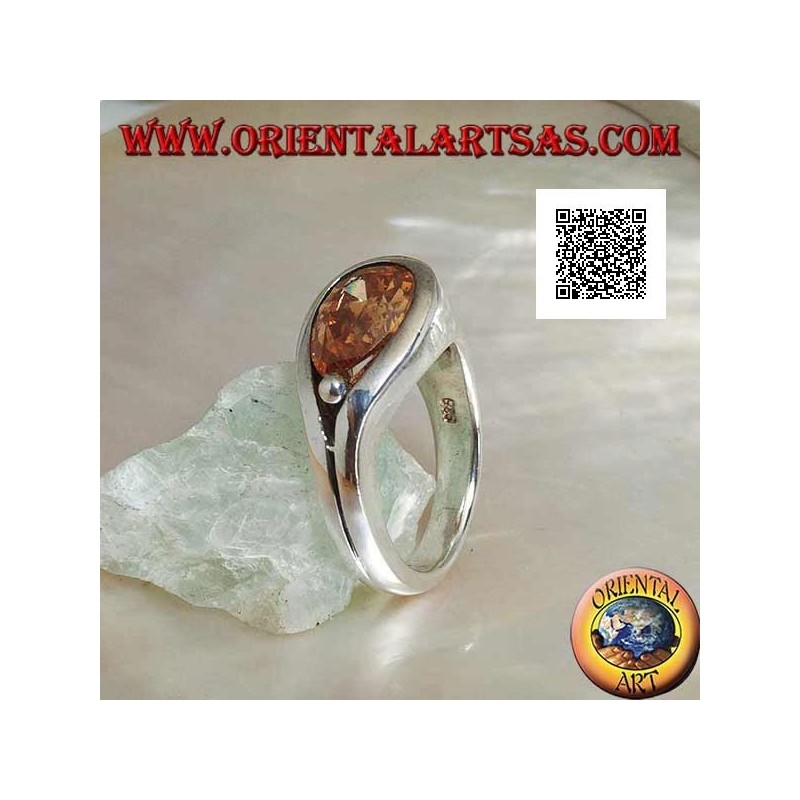 Rhodium-plated silver ring with cross drop champagne zircon on smooth setting