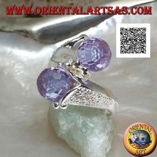 Anillo de plata rodiada de dos brazos con dos esferas facetadas de circonita amatista