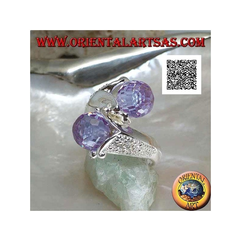 Two-arm rhodium silver ring with two faceted amethyst zircon spheres