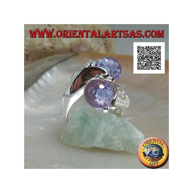Two-arm rhodium silver ring with two faceted amethyst zircon spheres