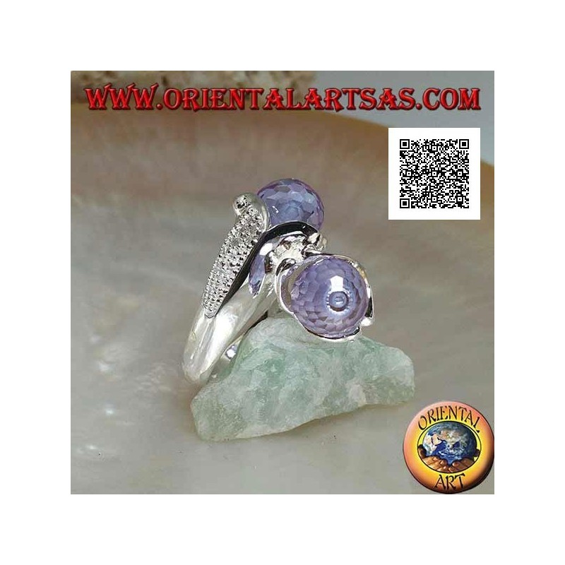 Anillo de plata rodiada de dos brazos con dos esferas facetadas de circonita amatista