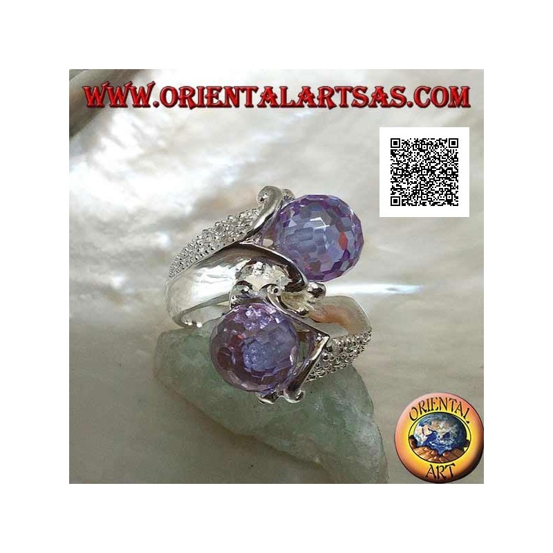 Two-arm rhodium silver ring with two faceted amethyst zircon spheres