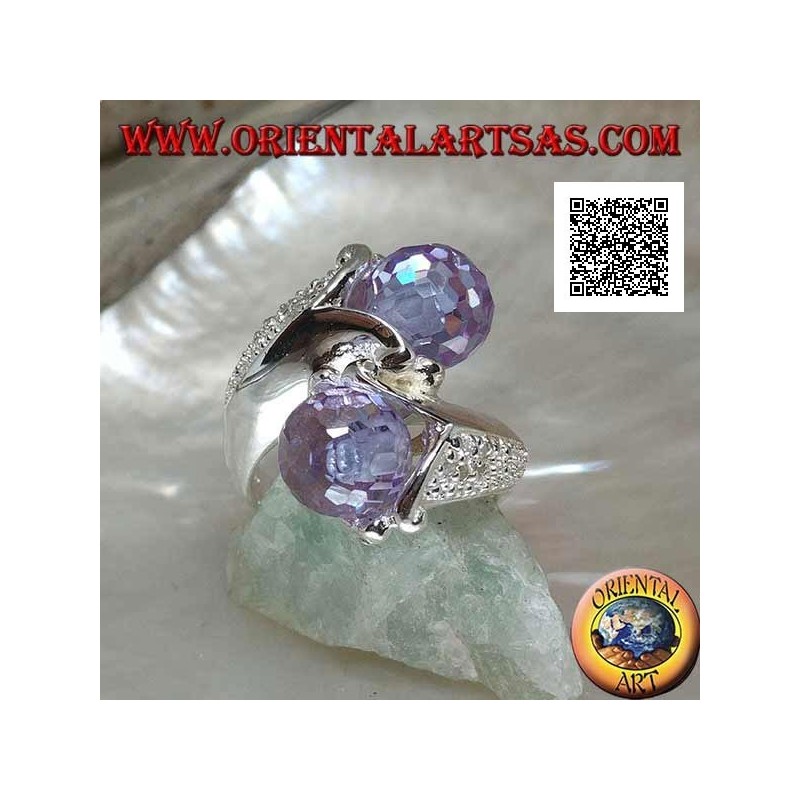 Zweiarmiger Rhodiumsilberring mit zwei facettierten Amethyst-Zirkonkugeln