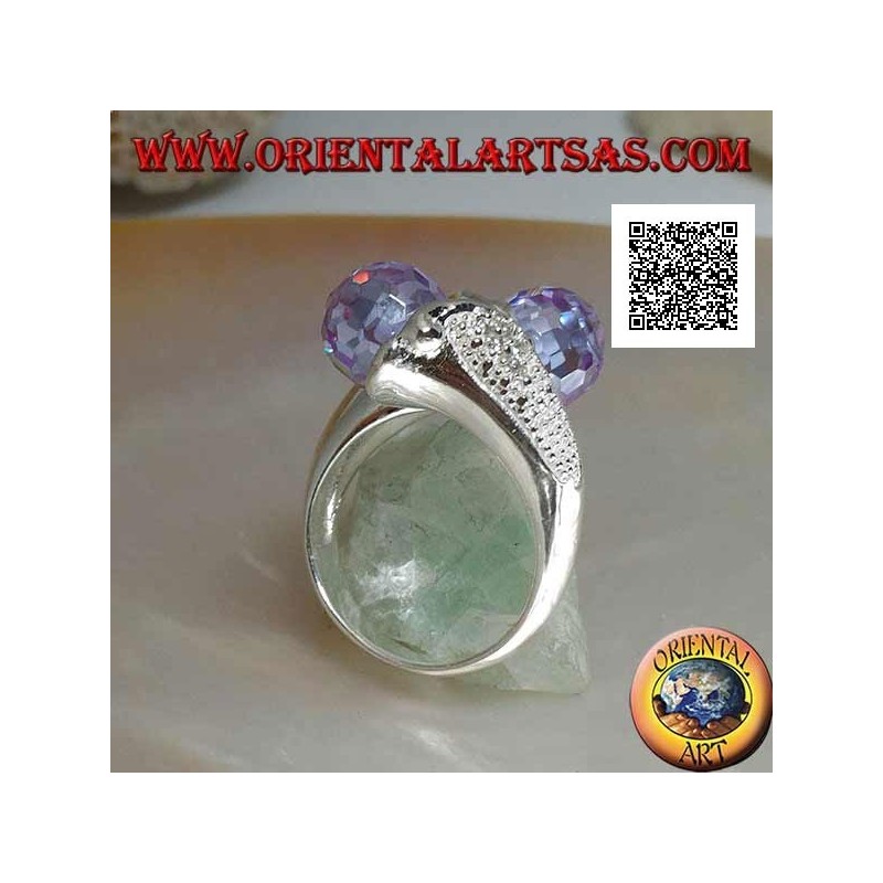 Zweiarmiger Rhodiumsilberring mit zwei facettierten Amethyst-Zirkonkugeln